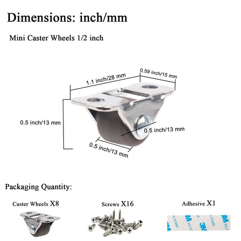 Mini Caster Wheels 0.5 Inch Low Profile Fixed Casters with Screws, Steel Top Plate, Self Adhesive Tiny Rubber Caster Wheels for Rolling Small Appl...
