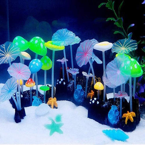 Glowing Effect Artificial Silicone Plant Lotus Flower with Leaves Mushrooms for Fish Tank Decoration Aquarium Ornament, 4Lotus Leaves&5Mushrooms...