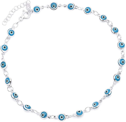 Aqua Blue Evil Eye Beads Anklet Bracelet on 925 Sterling Silver Adjustable 8.5" - 9.5"...