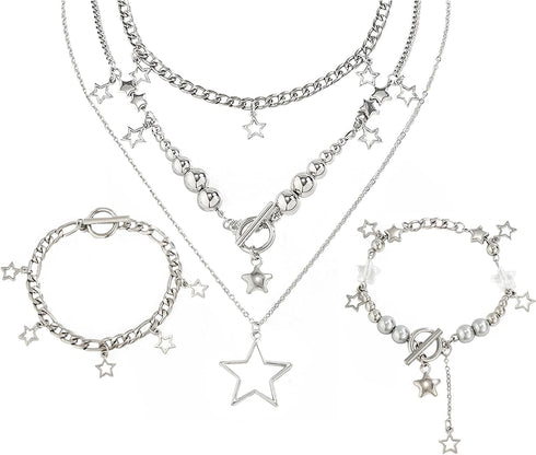 2 Pieces Silver Star Necklace Y2K Jewelry Set Grunge Necklace Kawaii Cute Necklaces Aesthetic Vintage Emo Jewelry...