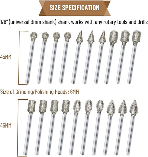 Stone Carving Set Polishing Diamond Burrs, Rotary Tools Accessories Grinding Burrs with 1/8 inch Shank For Carving, Engraving, Grinding, Polishing...