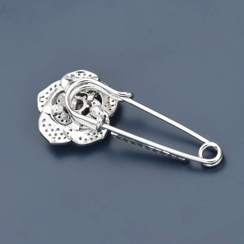 Silver Tone Sparking Micro Pave Layered Petal CZ Rose Flower Cardigan Sweater Safety Pin Brooch...