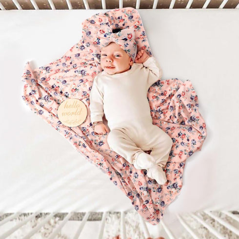 BQUBO Baby Girl Newborn Receiving Blanket with Bow Hat Headband Wooden Birth Announcement Card Set Baby Floral Print Nursery Swaddle Wrap...