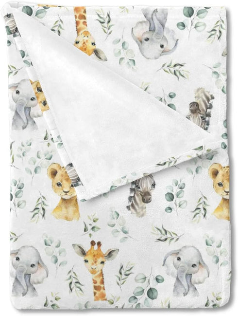 Safari Jungle African Animal Eucalyptus Leaf Baby Blanket Boys Gift, Elephant Giraffe Zebra Lion Flannel Fleece Nursery Bed Blankets, Lightweight ...