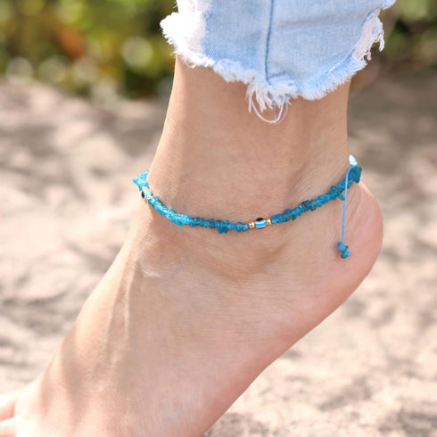 Blue Apatite Evil Eye Anklet Bracelets for Women Tumbled Chip Beach Foot Anklet Amulet Protection Reiki Crystals...
