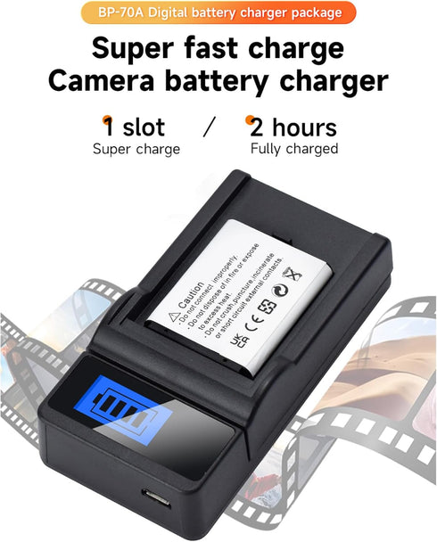 3 Pack BP-70A Replacement Batteries with Charger for Samsung BP70A BP 70A WB30F, WB35F, WB50F, DV150F, ST150F, MV800, ES65, ES67, ES70, ES71, ES73...