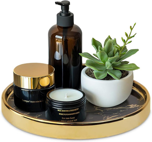 Small Round Black Decorative Tray – Marble Look Jewelry Dish, Perfume Organizer, Makeup Vanity Tray for Dresser, Counter, or Bedroom...