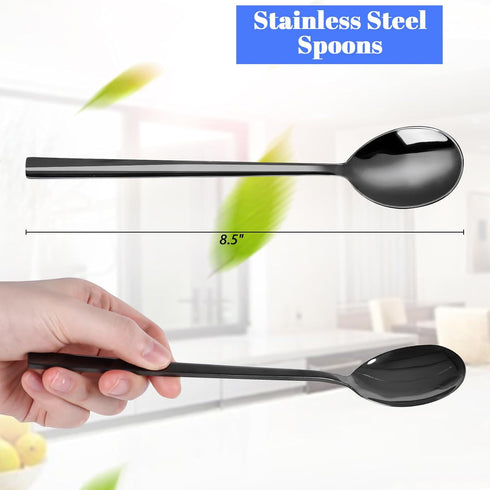 HANSGO 8PCS Stainless Steel Spoons, Dinner Spoons with Long Handles 8.5 Inch Soup Spoons Table Spoons Black for Kitchen Home...