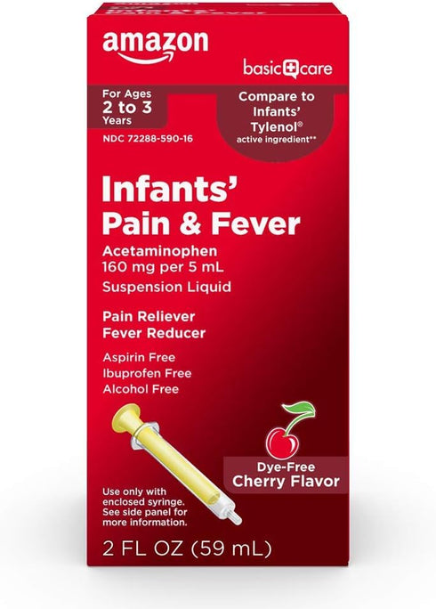 Amazon Basic Care Infants' Pain & Fever, Acetaminophen 160 mg per 5 mL, Suspension Liquid, Dye-Free Cherry Flavor, 2 fl oz (Pack of 1)...