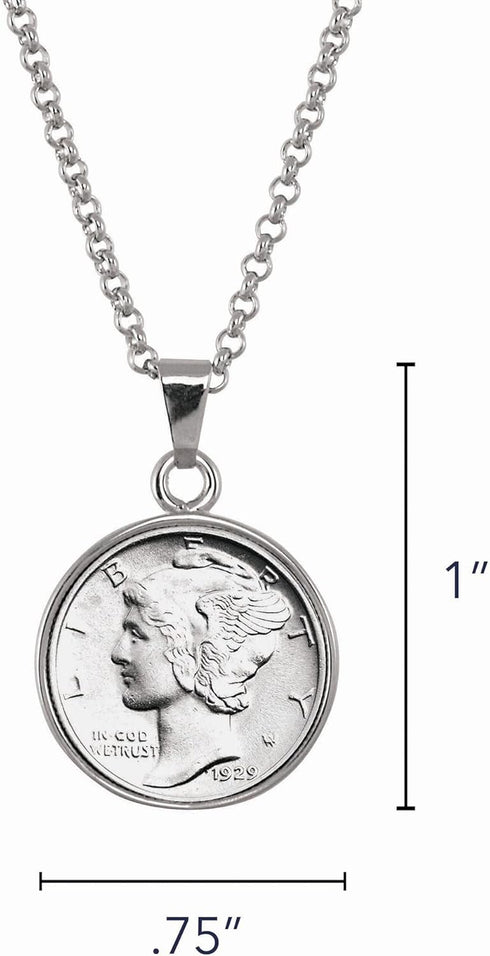 American Coin Treasures Silver Mercury Dime Silvertone Coin Pendant with 18" Cable Chain Necklace, Genuine and Elegant Keepsake Jewelry for Women,...