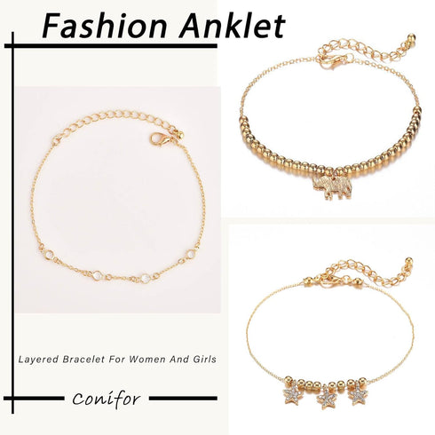 Boho Elephant Anklet Star Anklet Bracelet Gold Star Elephant Charm Anklet Crystal Beaded Ankle Chain Beach Foot Chains Adjustable Anklet 3Pcs Set ...