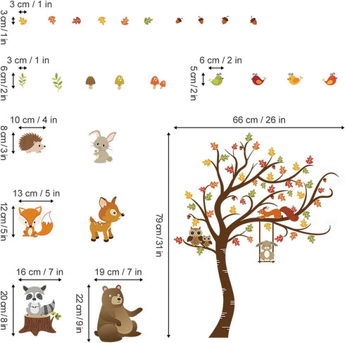 decalmile Forest Animals Tree Wall Decal Fox Deer Fall Leaves Wall Stickers Baby Nursery Kids Bedroom Classroom Wall Decor (H: 31 Inches...