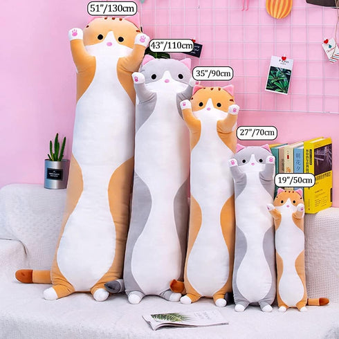 Cute Cat Plush Long Body Pillow Cuddle Cartoon Stuffed Animals Cat Plushie Soft Doll Pillows Gifts for Kids Girls (Gray, 19 Inches), 1 Count (Pack...