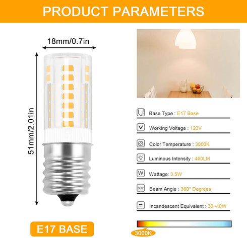 E17 Light Bulb 3000K Warm White,T5 Intermediate Base Microwave LED Bulbs,3.5W Equivalent 30-40W Halogen,460LM Non Dimmable for Refrigerator,Under ...