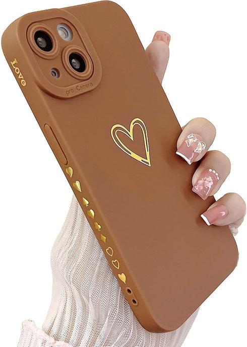Compatible with iPhone 13 Mini Case for Women, Bronzing Luxury Heart Phone Case Cute Side Small Pattern Soft TPU Shockproof Full Camera Lens Prote...