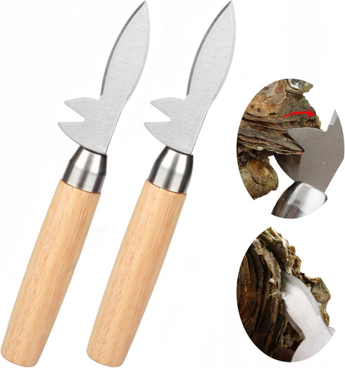2 Pcs Oyster Shucking Knife, Upgraded Oyster Knife, with Stainless Steel Thickened Blade, a V-Shaped Notch, Wooden Non-slip Handle, Oyster Shucker...