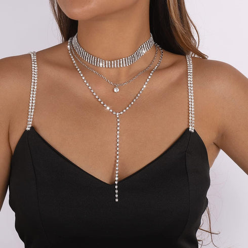 Multi Layered Necklace Rhinestone Tennis Chain Choker Necklace Multi Row Collar Necklace Y Shaped Necklace Round Rhinestone Pendant Necklace Tiny ...