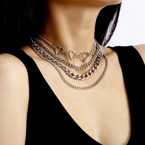Simple Heart Necklace Lolita Choker Chain Layered Cuban Chunky Silver Chain Necklace for Women Men Chic y2k Clothes Jewelry...