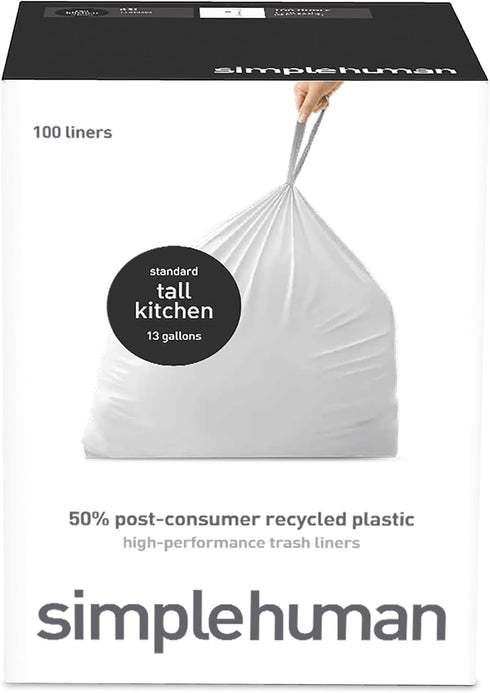 simplehuman 50% Post-Consumer Recycled Tall Kitchen Drawstring Trash Bags, 13 Gal, 100 Count...
