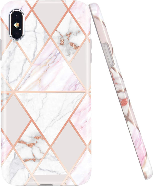 JAHOLAN Compatible iPhone X Case iPhone Xs Shiny Rose Gold Geometric Marble Design Clear Bumper Glossy TPU Soft Rubber Silicone Cover Phone Case -...