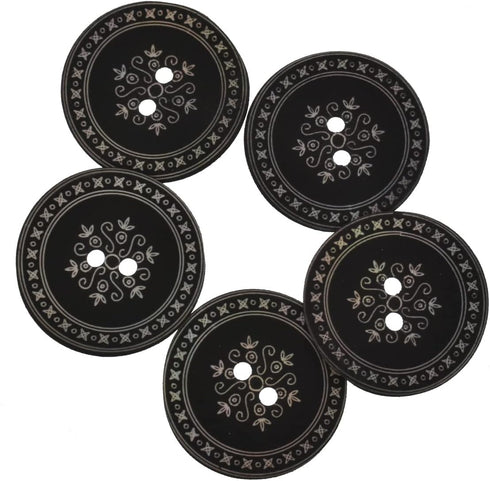 Mibo 5pcs Sprayed Rubber Effect Agoya Shell Button - 2 Hole - 36L(22mm) - Damask Style Pattern - Matte Black...