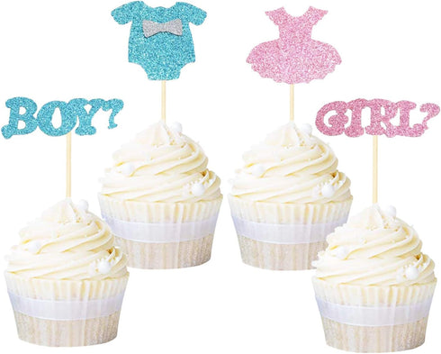 Ercadio 24 Pack Boy or Girl Cupcake Toppers Glitter Onesie Jumpsuit Cupcake Picks Baby Shower Kids Birthday Gender Reveal Party Cake Decorations S...
