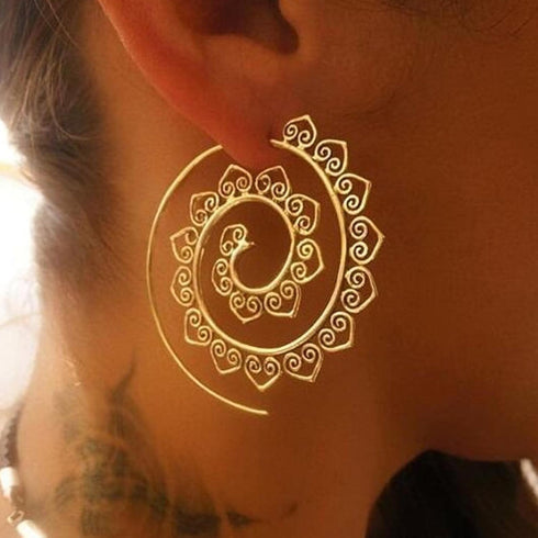 Boho Spiral Earrings Vintage Vortex Gear Earrings Gold Circles Tribal Earrings Exaggerated Hoop Earrings Indian Swirl Earrings Jewelry for Women...