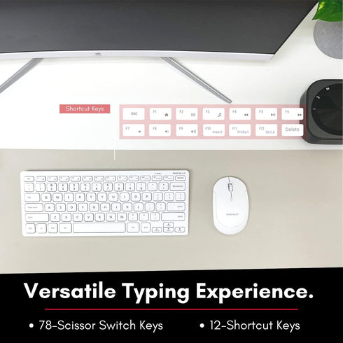Macally Small Wireless Keyboard and Mouse Combo - Essential Work Duo - 2.4G White Keyboard and Mouse Wireless - 78 Key Quiet Cordless Mouse and Ke...