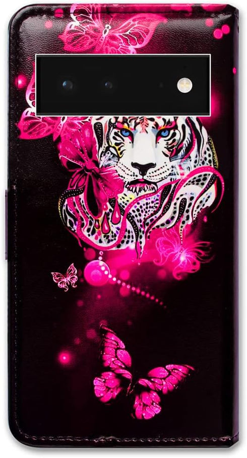 Case for Google Pixel 6, White Tiger Butterfly Leather Flip Phone Case Wallet Cover with Card Slot Holder Kickstand for Google Pixel 6...