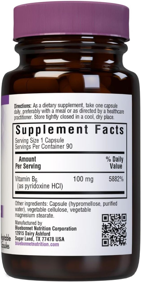 BlueBonnet Nutrition Vitamin B6 Vegetable Capsules, 100 mg, for Cardiovascular and Nervous System Health, 90 Count...