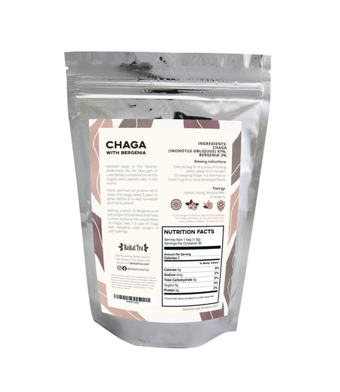 Chaga Tea - 100% Wild Chaga Mushrooms with Bergenia - 30 Unbleached Tea Bags - from Wild Siberian Lake - Hand-Picked by Baikal Tea...