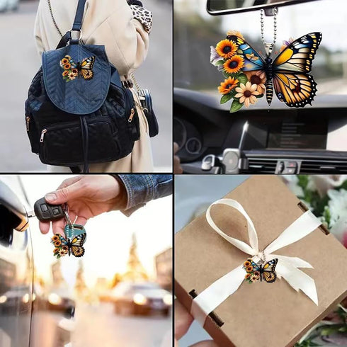 Butterfly Car Rearview Mirror Accessories, Butterfly Car Hanging Ornament, Sunflower Car Pendant for Home Decoration Keepsake Christmas Valentine'...