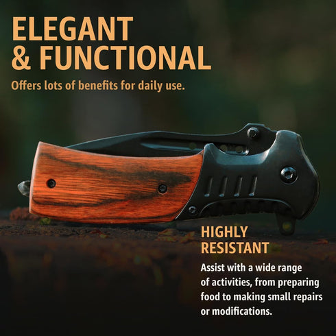 Spring Assisted Knife - 3.66" Sharp Blade - Tactical Pocket Knife for Men with Wood Handle Glass Breaker & Clip - Best Folding Knives for EDC Camp...