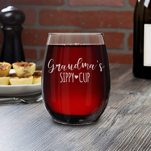 shop4ever Grandma's Sippy Cup Engraved Stemless Wine Glass 15 oz. Mother's Day Gift for Grandmother...