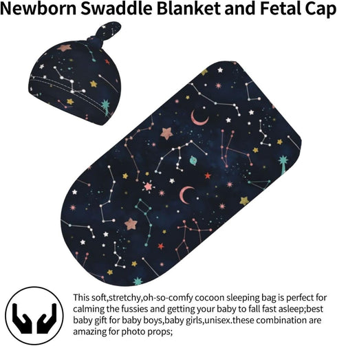 Space Galaxy Constellation Swaddle with Beanie Set, Soft and Stretchy Space Baby Stuff Blanket Swaddle Sleep Sack for Newborn Boy and Girl...