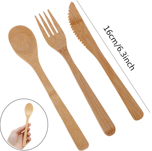 18PCS Reusable Bamboo Flatware Set,Bamboo Cutlery Set,Bamboo Forks Spoons Knives, Bamboo Utensil Cutlery Set for Picnic Party Travel, Bamboo Silve...