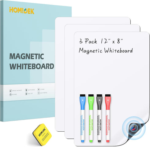 Magnetic Whiteboard for Fridge, 3 Pack Small Magnetic Dry Erase Boards with 4 Markers & 1 Eraser, Reusable Blank Magnet White Board Sheets for Hom...