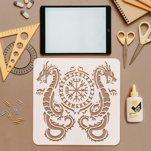 FINGERINSPIRE Viking Dragon Painting Large Stencil 11.8x11.8" Viking Compass Drawing Template Reusable Double Dragon Compass Pattern Viking Themes...