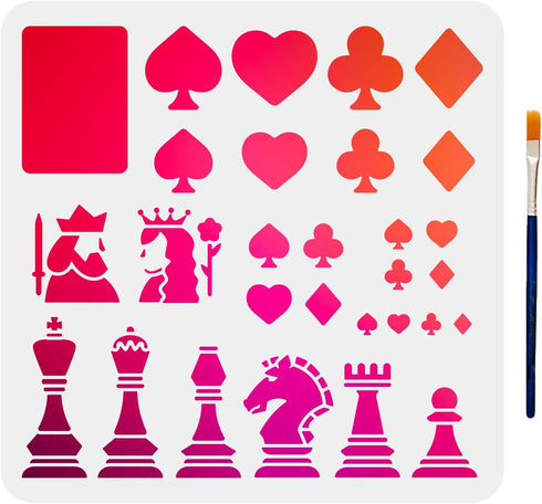 Playing Cards Chess Stencils Hearts Clubs Diamonds Spades Stencil 11.8×11.8inch International Chess Pieces Drawing Stencil with Paint Brush for Ar...