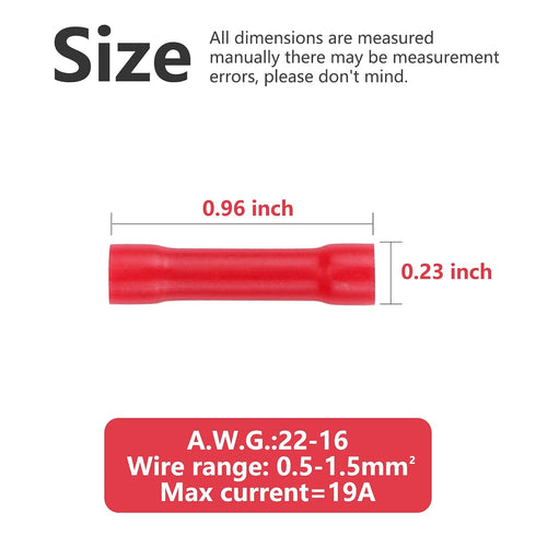 120pcs Red Butt Splice Crimp Connectors, (22-16) AWG Insulated Electrical Wire Crimp Connectors, Butt Splice Terminals, 12-10 Gauge Red Butt Conne...