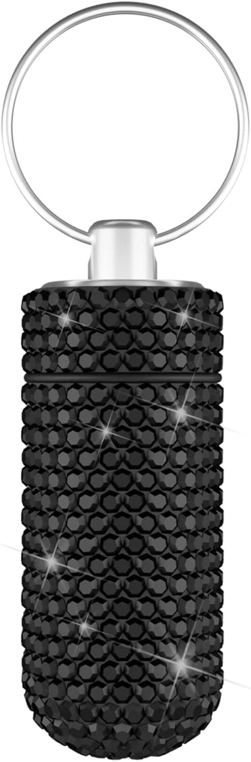 Bling Pill Case Pill Container Rhinestone Pill Box Portable Waterproof Pocket Pill Holder Storage Bottle with Keychain for Travel, Outdoor, Campin...
