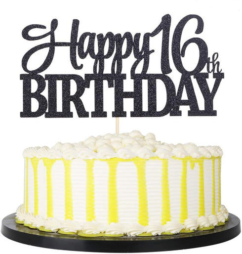 PALASASA Black Glitter Happy 16th Birthday cake topper - 16 Anniversary Party Decoration (16th)...