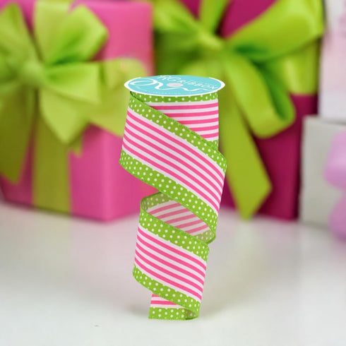 Vertical Stripe & Polka Dot Edge Wired Edge Ribbon - 2.5" x 10 Yards (White, Hot Pink, Lime Green)...