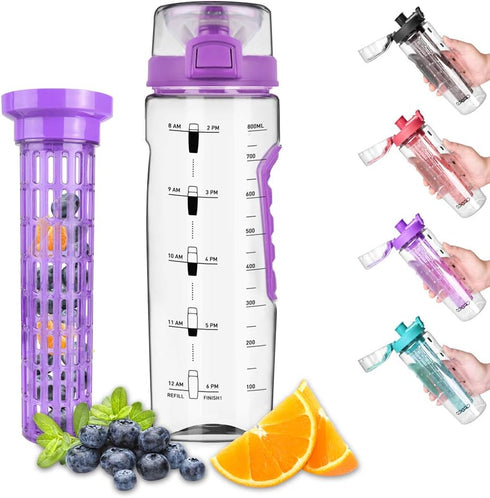 Opard Water Bottle with Time Marker, 30 oz Sports BPA Free Plastic Reusable Fruit Infuser Water Bottles with Handle, Leak Proof Flip Top Lid, Infu...