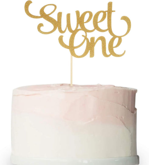 1st Birthday Gold Cake Topper - Glitter Sweet One Cake Topper for Photo Booth Props, Single-Sided First Anniversary Party Shower Cake Smash Decora...