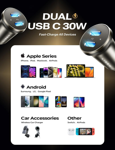 LISEN USB C Car Charger Adapter, 60W Dual Port QC 3.0 Type C Adapter, Car Phone Charger Fast Charge USB C Cigarette Lighter Adapter for iPhone 15 ...