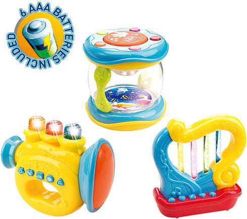 WEofferwhatYOUwant Set of 3 Trumpet, Drum and Harp Music Toys with Batteries | Musical Instruments for Baby Learning and Entertainments...