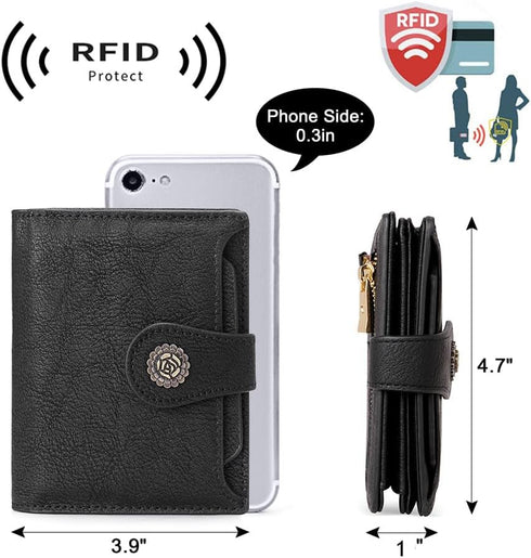 CLUCI Small Wallets for Women RFID Blocking Leather Trifold Compact Credit Card Holder with ID Window Ladies Zipper Coin Purse Black...