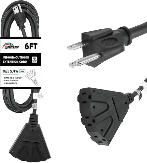 6FT Outdoor Extension Cord with 3 Electrical Power Outlets - 16/3 SJTW Durable Black Cable with 3 Prong Grounded Plug for Safety,Great for Outdoor...