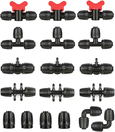 Drip Irrigation Fittings Kit for 1/2 Inch Tubing -18 Pieces Set- 3 Tees,3 Switch Valves,3 T Connectors,2 Elbows,3pcs 1/2" to 1/4" tubing Reducers,...